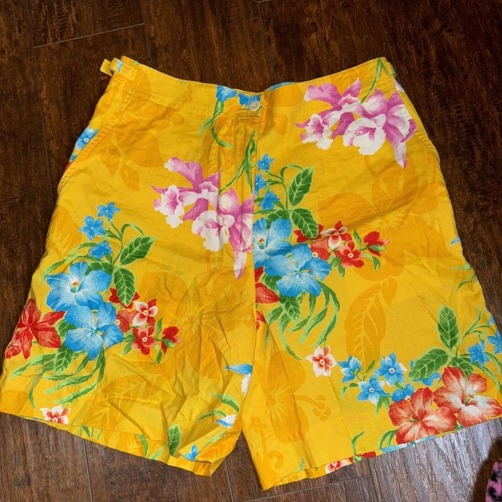 LRL Ralph Lauren Shorts Womens Sz 8 Yellow Floral Linen‎ Lightweight Adjustable